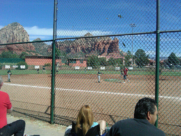 Sedona red rocks behind a downtown ball field — a few blocks from Red Rock Suites